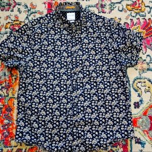 Denim Flower Cotton Button Down Short Sleeve Floral Slim Fit Shirt Size Large